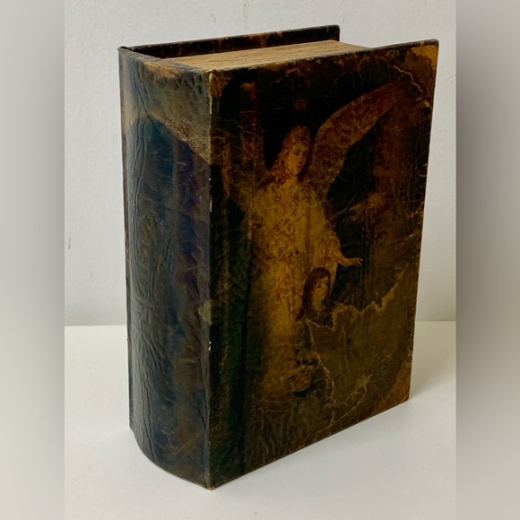 Vtg Artwork Decorated Faux Leather Hollow Wooden Faux Book Box Hidden Stash - Picture 3 of 10